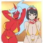  2girls absurdres aqua_hair armpit_crease armpits bikini black_eyes black_hair breasts cleavage closed_mouth colored_skin demon_girl digimon fang glasses goggles gold_bikini groin hair_between_eyes highres horns huge_breasts iggybomb kneesocks_(psg) large_breasts leaning_forward long_hair looking_at_viewer multiple_girls navel panty_&amp;_stocking_with_garterbelt ponytail red_scarf red_skin scarf short_hair single_horn smile solid_circle_eyes stomach swimsuit yuuki_kanan 
