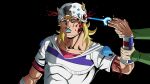  1boy araki_hirohiko_(style) beanie black_background blonde_hair blood blood_on_face blue_eyes blue_lips blue_nails comic_panel_redraw commentary derivative_work english_commentary firing green_shirt grey_sleeves hair_horns hat heart_ornament highres hood hood_down hoodie horse_print horseshoe_hat_ornament horseshoe_ornament injury johnny_joestar jojo_no_kimyou_na_bouken long_sleeves makeup male_focus medium_hair multiple_boys official_style red_sleeves severed_limb shirt short_sleeves simple_background star_(symbol) star_print steel_ball_run subtitled therealartoside toned toned_male two-tone_sleeves white_hat white_hoodie wristband 