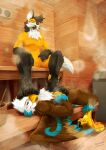 4_toes accipitrid accipitriform anthro avian avian_feet bald_eagle beak bird black_body black_feet blue_body blue_eyes blue_feathers blush bodily_fluids brown_body brown_feathers canid canine claws dominant duo eagle eyes_closed feathered_wings feathers feet foot_fetish foot_focus foot_on_face foot_play foot_sniffing fox fur gryphon inside lying male male/male male_anthro mammal maned_wolf maneymaw_(artist) multicolored_body musk musk_cloud mythological_avian mythological_creature mythology nude on_back orange_body pawpads paws sauna sea_eagle sitting smelly smelly_feet sniffing steam sweat sweaty_feet tail talons toe_claws toes tongue tongue_out white_body white_feathers white_fur wings yellow_beak yellow_body yellow_feet