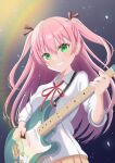  1girl absurdres aikawa_megumi commentary_request floating_hair green_eyes guitar hair_tie heaven_burns_red highres holding holding_guitar holding_instrument holding_plectrum instrument kosyou21057 long_hair neck_ribbon pink_hair plectrum red_ribbon ribbon shirt smile white_shirt 