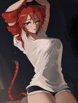  1girl ahoge black_shorts blueysart breasts cowboy_shot drill_hair from_below hands_up highres kasane_teto large_breasts looking_at_viewer one_eye_closed open_mouth purple_background red_eyes red_hair short_sleeves shorts solo tented_shirt twin_drills utau white_trim 