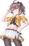  :d ahoge black_camisole black_pantyhose blush breasts brown_hair camisole cat_hair_ornament cowboy_shot cropped_jacket green_eyes hair_ornament hand_on_own_hip highres hololive jacket natsuiro_matsuri natsuiro_matsuri_(1st_costume) navel off-shoulder_jacket off_shoulder orange_jacket pantyhose pinstripe_camisole pinstripe_pattern qussie side_ponytail simple_background skirt small_breasts smile spaghetti_strap stomach v v_over_eye white_background white_skirt 