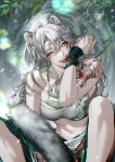  animal_ears chest_sarashi commentary cowboy_shot fangs highres licking midriff onegingek path_to_nowhere sarashi sitting smile tail teeth tiger_ears tiger_girl tiger_tail tongue tongue_out untranslatable_commentary xiaofeng_(path_to_nowhere) yellow_eyes 
