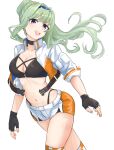  1girl birthday black_gloves breasts commentary_request fingerless_gloves floating_hair gloves green_hair happy_birthday heaven_burns_red highres jacket long_hair masumidashirasu medium_breasts mole mole_under_mouth murofushi_risa murofushi_risa_(smiley_infiltration) open_clothes open_jacket open_mouth pantylines purple_hair shorts simple_background 