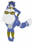  belly big_belly big_breasts black_nose blue_fur blue_hair breasts bulge canine cleavage clothed clothing female fox fur hair hand_on_hip krystal mammal nintendo partially_clothed skimpy star_fox tongue unknown_artist video_games vore white_fur wide_hips 