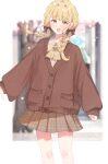  1girl :d absurdres arms_at_sides black_bow blonde_hair blurry blurry_background blush bow bowtie braid brown_cardigan brown_shirt brown_skirt buttons cardigan cherry_blossoms collared_shirt commentary_request cowboy_shot depth_of_field dot_nose fang fujita_kotone gakuen_idolmaster hair_bow highres idolmaster iroha_822 long_hair long_sleeves looking_at_viewer open_mouth outdoors plaid_clothes plaid_skirt pleated_skirt shirt sidelocks skin_fang skirt sleeves_past_wrists smile solo straight-on swept_bangs tree twin_braids twintails yellow_bow yellow_bowtie yellow_eyes 