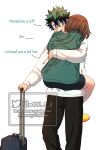  1boy 1girl black_pants black_shorts boku_no_hero_academia brown_hair carrying carrying_person commentary english_commentary english_text green_eyes green_shirt grey_hair hetero highres hug midoriya_izuku mu_1_2 pants rolling_suitcase scar scar_on_cheek scar_on_face scar_on_hand shirt shoes shorts suitcase sweater twitter_username uraraka_ochaco watermark white_sweater yellow_shoes 