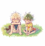  2boys bakugou_katsuki barefoot black_shoes black_shorts blonde_hair blush boku_no_hero_academia butterfly_net child clenched_hands closed_eyes commentary_request crossed_arms endqh51 freckles grass green_hair green_shirt hand_net highres korean_commentary looking_at_another midoriya_izuku multiple_boys net on_ground open_mouth red_eyes red_shoes shirt shoes short_hair short_sleeves shorts sitting smile spiked_hair teeth white_background yellow_shirt 