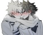  2boys bakugou_katsuki blurry blurry_edges blush boku_no_hero_academia closed_mouth clothes_grab collared_shirt commentary_request double_horizontal_stripe ear_blush eye_contact face-to-face freckles frown greyscale hand_up highres imminent_kiss jacket lapels long_sleeves looking_at_another looking_to_the_side male_focus midoriya_izuku monochrome mori_dosukoi multiple_boys multiple_scars necktie neckwear_grab nose_blush partial_commentary scar scar_on_hand scarf scarf_grab school_uniform shared_clothes shared_scarf shirt short_hair side-by-side sideways_mouth simple_background spiked_hair spot_color steam turning_head u.a._school_uniform upper_body white_background yaoi 