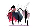  1boy 2others aged_up arthropod_boy bano_akira black_cape black_skin cape cloak colored_skin commentary_request grey_cloak grimm_(hollow_knight) hollow_knight hollow_knight_(character) horned_mask knight_(hollow_knight) mask measuring multiple_others petting pure_vessel red_cape siblings simple_background two-sided_cape two-sided_fabric white_background white_cloak white_mask 