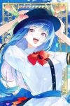  1girl :d black_hat blue_hair bow commentary_request hands_on_own_head hat highres hinanawi_tenshi konruri_blue long_hair peach_hat_ornament red_bow smile solo touhou 
