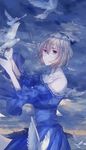  absurdres alice_margatroid alternate_costume animal bird blonde_hair blue blue_dress blue_eyes cloud cloudy_sky dove dress head_wreath highres jewelry meng_ziya necklace short_hair sky tears touhou water 