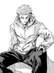  1boy closed_mouth commentary_request greyscale hair_slicked_back hand_on_own_knee highres itadori_yuji jacket jujutsu_kaisen jujutsu_kaisen_modulo looking_at_viewer male_focus monochrome pants red_eyes scar scar_across_eye scar_on_face scar_on_mouth short_hair simple_background sitting solo spot_color white_background zumio1218 