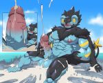 5:4 absurd_res aircraft anthro balls big_balls big_penis biped black_body black_fur blue_body blush bodily_fluids bodily_fluids_flooding body_worship city cum cum_flooding cum_on_city cum_on_ground cutaway destruction erection excessive_cum excessive_genital_fluids eyes_closed felid flooding fur generation_4_pokemon genital_fluids genitals giga helicopter hi_res huge_balls huge_penis humanoid_genitalia humanoid_penis hyper hyper_cum landscape_dwarfing looming low-angle_view luxray macro maldu male mammal mane muscular muscular_male nintendo nipples orgasm penis pokemon pokemon_(species) sitting solo vehicle