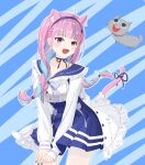  1girl ahoge animal_ear_fluff animal_ears blue_choker blue_hair blue_nails blue_sailor_collar blue_skirt bow braid cat_ears cat_girl cat_tail choker commentary_request highres hololive jacket long_hair looking_at_viewer minato_aqua minato_aqua_(sailor) morotade_kudou multicolored_hair nail_polish neko_(minato_aqua) official_alternate_costume official_alternate_hairstyle pink_hair ribbon_choker sailor_collar shirt skirt smile solo tail tail_bow tail_ornament twin_braids two-tone_hair virtual_youtuber white_jacket white_shirt 