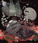  1boy black_background bug candle cat demon extra_mouth fly frog highres johnny_(mewgenics) ladder light_bulb lyrics mewgenics monster on_stool open_mouth pentagram sharp_teeth sitting slit_pupils socks soumenhiyamugi stool sweat teeth the_coven_(mewgenics) third_eye tongue tongue_out tormentor_(mewgenics) white_socks 