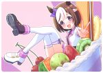  1girl animal_ears banana blush bow braid brown_hair cherry collared_shirt commentary_request ear_bow ear_ribbon food fruit grapes half_up_braid horse_ears horse_girl jacket multicolored_hair open_clothes open_jacket open_mouth purple_bow purple_eyes purple_ribbon purple_vest ribbon shirt short_hair short_sleeves sitting skirt smile special_week_(special_dreamer)_(umamusume) special_week_(umamusume) strawberry thighhighs thighs two-tone_hair umamusume vest w wafer_stick white_hair white_jacket white_shirt white_skirt white_thighhighs wristband yoshiharu_izumi 