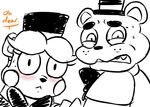  2015 animatronic anthro bear blush bow_tie dialogue duo english_text five_nights_at_freddy&#039;s five_nights_at_freddy&#039;s_2 freddy_(fnaf) hat inkyfrog looking_at_viewer machine male mammal restricted_palette robot simple_background sweat sweatdrop text top_hat toy_freddy_(fnaf) video_games white_background 