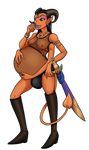  ambiguous_gender belly big_belly black_hair breasts bulge clothed clothing demon ear_piercing hair hand_on_stomach horn long_hair makeup melee_weapon monster multi_arm multi_limb navel nipples open_mouth orange_skin piercing pregnant riddleaugust skimpy sword tongue weapon 