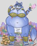  belly big_belly blue_fur clothed clothing female food food_stains fur green_eyes krystal navel nightmarekisser nintendo overweight partially_clothed skimpy slob star_fox thick_thighs tongue video_games weight_gain 