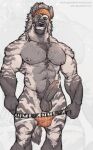 abs amber_eyes anthro balls biceps big_muscles big_pecs big_penis black_nose bodily_fluids body_hair chest_tuft clothed clothing ear_piercing erection fur genital_fluids genitals grey_body grey_fur grey_hair hair hairy_balls headgear headkerchief headwear hi_res himbo humanoid_genitalia humanoid_penis hyena industrial_piercing jockstrap jockstrap_down jockstrap_only kerchief leaking_precum looking_at_viewer male mammal mane mane_hair manly muscular muscular_male nipple_piercing nipples one_eye_closed orange_clothing orange_headkerchief orange_jockstrap orange_kerchief orange_underwear pecs penis piercing precum presenting presenting_penis pubes rhett_(washbearmonty) signature smile solo standing striped_body striped_fur striped_hyena stripes topless tuft underwear underwear_only vein veiny_penis washbearmonty wink winking_at_viewer