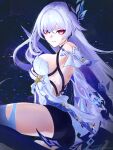 1girl absurdres back_fin black_hole black_unitard blue_hands breasts broken_glass butterfly_hair_ornament commentary_request crystal_shards dress genshin_impact glass glass_shards gloves gradient_thighhighs hair_ornament highres long_hair nmaywo object_floating_above_hand purple_gloves purple_hands skirk_(genshin_impact) white_dress 