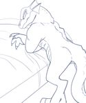  anthro bed blush butt claws kl0ndike lizard looking_back male monochrome nude reptile scalie smile solo 