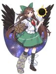 1girl absurdres arm_cannon asymmetrical_footwear atom bird_wings black_socks black_sun bow brown_hair brown_shoes brown_wings cape chest_eye collared_shirt commentary_request control_rod_(touhou) feathered_wings frilled_skirt frills full_body green_bow green_skirt hair_bow highres kneehighs loafers long_hair looking_at_viewer mismatched_footwear nnn_lu one-hour_drawing_challenge open_mouth print_cape puffy_short_sleeves puffy_sleeves red_eyes reiuji_utsuho shirt shoes short_sleeves simple_background skirt smile socks solo starry_sky_print sun third_eye touhou two-sided_cape two-sided_fabric weapon white_background white_shirt wings 