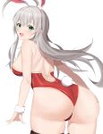  1girl :d absurdres ahoge animal_ears annrichan arm_support armpit_crease ass back bare_shoulders black_thighhighs blush breasts commentary_request cowboy_shot fake_animal_ears floating_hair foreshortening from_behind fur_wrist_cuffs green_eyes grey_hair hair_between_eyes hair_over_shoulder haiyore!_nyaruko-san hand_on_own_ass highleg highleg_leotard highres huge_ahoge large_breasts leaning_forward leotard long_hair looking_at_viewer looking_back nail_polish nyarlathotep_(nyaruko-san) open_mouth playboy_bunny rabbit_ears rabbit_tail red_leotard shoulder_blades sideboob sidelocks simple_background skindentation smile solo strapless strapless_leotard tail thigh_gap thighhighs thighs very_long_hair white_background white_nails white_wrist_cuffs wide_hips wrist_cuffs 