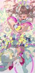  >_< 1girl absurdres animal_ears bell blue_eyes blurry bow brown_hair checkered_clothes chinese_commentary commentary_request covered_navel cuffs depth_of_field donut earrings fake_animal_ears food full_body garter_straps hair_bow hair_over_one_eye halftone handcuffs heart heart-shaped_lock high_heels highleg highleg_leotard highres jewelry leotard looking_at_viewer maid_headdress neck_bell nontraditional_playboy_bunny one_eye_closed original pink_bow pink_shoes pom_pom_(clothes) pom_pom_earrings shoes solo sprinkles stuffed_animal stuffed_rabbit stuffed_toy teeth thighhighs upper_teeth_only v watermark weibo_username weibo_watermark white_leotard white_thighhighs z3zz4 
