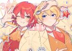  2boys ;d alternate_costume ascot bird blonde_hair blue_eyes blush chocolate collared_jacket commentary confetti ferret flower food hair_flower hair_ornament hanasaki_miyabi highres hiyamaru holding holding_chocolate holding_food holding_spoon holostars jacket kishido_temma kyomu_suzume long_sleeves male_focus multiple_boys one_eye_closed orange_vest pink_flower plaid_background red_ascot red_hair red_vest short_hair smile sparkle spoon star_(symbol) untranslatable_commentary upper_body vest virtual_youtuber yellow_ascot yellow_eyes yellow_jacket yu_gumo7 