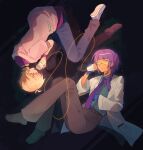  2boys antenna_hair aqua_shirt belt black_choker blonde_hair blue_gloves blue_pants blue_shoes bracelet brown_pants charles_cuevas choker coat collared_shirt covered_eyes cup danganronpa:_despair_time expressionless floating gloves gradient_hair grey_shoes hair_between_eyes hand_up highres holding holding_cup jacket jewelry lab_coat listening long_hair long_sleeves low_ponytail multicolored_hair multiple_boys open_clothes open_coat open_mouth pants parted_lips pink_jacket pink_streaks ponytail purple_hair purple_shirt rubber_gloves safety_glasses shirt shoes short_hair sidelocks streaked_hair string string_phone tinted_eyewear whit_young white_coat wide_sleeves xin_ci yellow-tinted_eyewear 