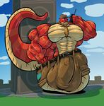  abs anthro biceps big_muscles bobert bulge bulk clothed clothing hi_res huge_muscles hyper hyper_muscles male muscular naga necktie pants pecs reptile scalie snake solo topless trowzer yooka-laylee 