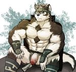  2017 5_fingers abs black_fur black_nose canine chest_tuft clothed clothing flaccid foreskin fur headband horkeukamui humanoid_penis legwear loincloth loincloth_aside male mammal multicolored_fur one_eye_closed penis sitting solo tokyo_afterschool_summoners tuft vambrace white_fur wolf wulfer-shepherd yellow_eyes 