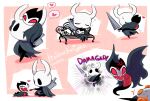  1other anger_vein bano_akira bench black_eyes colored_sclera commentary_request grey_cloak grimmchild happy hollow_eyes hollow_knight knight_(hollow_knight) mask nail_(hollow_knight) pet red_sclera sitting sleeping white_mask 