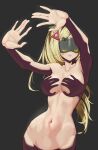 1girl \||/ absurdres armpits black_background blindfold_mask blonde_hair breasts collarbone commentary covered_eyes double_\||/ glowing_mask hair_ornament hand_shadow_covering_breasts_(meme) highres long_hair mask medium_breasts meme navel nude outstretched_arms parted_lips shadow shadow_censor solo triangle_hair_ornament trigger_(zenless_zone_zero) vulphree zenless_zone_zero 