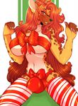  2017 anthro big_breasts bow breasts bulge candy candy_cane canine christmas clothed clothing dickgirl food fur hair holidays intersex kejah legwear looking_at_viewer mammal one_eye_closed orange_hair panties simple_background smile solo the_search_for_lost_wings underwear white_fur 