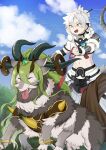  1boy abs absurdres arm_warmers black_arm_warmers blue_sky closed_eyes cloud commentary crop_top cropped_shirt day dracotail_lukias dracotail_pan dragon duel_monster ear_covers earrings fur_trim hair_between_eyes hair_bun hair_ornament hair_stick hakama hakama_pants highres holding holding_leash japanese_clothes jewelry leash long_hair looking_down midriff navel open_mouth outdoors pants parted_bangs riding_dragon sharp_teeth shirt short_sleeves sidelocks sky smile tassel tassel_earrings teeth tongue tongue_out untranslatable_commentary wa_tsuji white_hakama white_shirt yellow_eyes yu-gi-oh! 