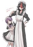  2girls absurdres alternate_costume apron black_dress black_hair bow bowtie commentary_request cone_horns dress enmaided grey_horns height_difference highres horns kijin_seija long_sleeves looking_at_viewer maid maid_apron maid_headdress medium_hair multicolored_hair multiple_girls panilla pink_bow pink_bowtie pink_eyes pink_hair red_eyes red_streaks short_hair small_horns streaked_hair sukuna_shinmyoumaru touhou translation_request white_apron white_streaks 