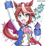  1girl animal_ears arm_up ascot asymmetrical_gloves blue_eyes blush breasts brown_hair buttons cape commentary_request double-breasted epaulettes gloves hair_between_eyes highres horse_ears horse_girl jacket long_hair long_sleeves looking_at_viewer mismatched_gloves multicolored_hair multicolored_jacket open_mouth pink_ascot ponytail red_cape roshiakouji-chan single_epaulette single_hair_streak skirt small_breasts smile solo star_(symbol) streaked_hair teeth tokai_teio_(peak_joy)_(umamusume) tokai_teio_(umamusume) two-tone_hair two-tone_jacket umamusume upper_body upper_teeth_only white_gloves white_hair white_jacket white_skirt white_streaks 
