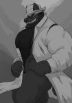  2018 abs alternate_version_at_source anthro barazoku biceps big_muscles biped body_fur butt canine chest_fur claws clothed clothing clothing_lift digital_media_(artwork) exhibitionism facial_fur fangs flashing fur greyscale grin grisser hair hat looking_at_viewer male mammal mask mick_wolf monochrome muscular muscular_male nipples partially_clothed pecs portrait sharp_teeth shirt shirt_lift simple_background smile smirk solo standing teeth three-quarter_portrait wolf 