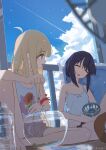  2girls absurdres ahoge bare_shoulders barefoot black_hair blue_sky blush bottle cho_kaguya-hime! closed_eyes cloud commentary crab fishbowl food highres holding holding_food holding_popsicle kaguya_(cho_kaguya-hime!) long_hair looking_at_another mole mole_under_eye multiple_girls open_mouth popsicle red_eyes sakayori_iroha single_off_shoulder sitting sky tank_top traum water_bottle watermelon_bar white_tank_top 