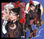  1boy 1girl 42yow ankle_gun bayonetta bayonetta_(cosplay) bayonetta_(series) bayonetta_1 black_hair cosplay crescent_moon crossdressing crossdressing_(mtf) earrings east-west_crossover family_guy full_moon glasses highres jewelry lipstick lois_griffin makeup mole mole_under_mouth moon multiple_views night peter_griffin quadruple_wielding signature white_hair 