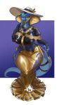 absurd_res anthro barcode big_breasts big_hat blue_body blue_scales breasts clothing dress exclamation_point female frilly frilly_clothing frilly_dress furgonomic_piercing furgonomics glistening glistening_clothing glistening_dress glistening_thighs hi_res hobble_dress hobble_skirt latex latex_clothing lock_symbol looking_at_viewer nipple_outline open_mouth piercing reptile ring scales scalie seam_(sewing) shanher sharp_teeth snake snake_hood solo tail teeth tight_clothing tight_dress
