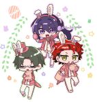  3boys :d akatsuki_(ensemble_stars!) alternate_costume animal animal_ears basket black_bow black_bowtie black_hair blush bow bow_hairband bowtie chibi chibi_only closed_eyes coattails commentary_request curtained_hair earrings easter easter_egg egg ensemble_stars! fake_animal_ears flower_symbol glasses green_eyes green_hair green_outline grey-framed_eyewear hair_between_eyes hair_intakes hairband hasumi_keito hat highres holding holding_animal holding_basket holding_egg holding_rabbit jacket jewelry kanzaki_souma kiryu_kuro long_hair long_sleeves looking_at_viewer male_focus mini_hat mini_top_hat multicolored_hair multiple_boys outline pants parted_bangs pink_hat pink_jacket pink_outline pom_pom_(clothes) ponytail purple_eyes purple_hair purple_outline rabbit rabbit-shaped_buttons rabbit_boy rabbit_ears rabbit_tail red_hair sako_nako shoes short_eyebrows short_hair sidelocks smile spiked_hair star_(symbol) streaked_hair stud_earrings tail tailcoat top_hat twitter_username v-shaped_eyebrows vest white_background white_pants white_shoes white_vest 