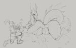  ambiguous_form ambiguous_species anthro armor big_breasts breasts clothed clothing dragon duo eyelashes female female_anthro flower hi_res holding_flower holding_object horn huge_breasts jezzlen kneeling lying monochrome mouth_closed mythological_creature mythological_scalie mythology narrowed_eyes neck_spikes nude on_front plant scalie side_view simple_background sketch spiked_tail spikes spikes_(anatomy) tail wide_hips 
