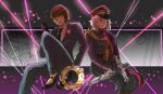  2girls absurdres amatsumi_inori aohitsugi_nemu black_gloves brown_hair buttons capelet closed_mouth commentary_request erikoinshuho gloves hat high_heels highres holding holding_microphone_stand hypnosis_mic hypnosis_mic:_rule_the_stage kotonohatoh_uniform lapel_pin long_sleeves medium_hair microphone_stand multiple_girls necktie pant_suit pants peaked_cap pink_light sketch stage suit white_hair 