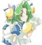  1990s_(style) 1girl ahoge animal_ears animal_hands animal_hat apron arm_at_side bell blue_bow blue_dress blue_ribbon bob_cut bow cat_ears cat_hat cat_tail clenched_hand commentary_request cropped_torso curtained_hair dejiko di_gi_charat dress fake_animal_ears faux_retro_artstyle forehead frilled_apron frills gloves green_eyes green_hair hair_bell hair_ornament hair_ribbon hand_up hat jingle_bell light_blush looking_at_viewer maid maid_apron neck_bell neck_ribbon oekaki open_mouth paw_gloves paw_pose profile puffy_short_sleeves puffy_sleeves retro_artstyle ribbon sakai_animeta short_hair short_sleeves sideways_glance sideways_mouth simple_background solo tail tail_bow tail_ornament turtleneck turtleneck_dress white_apron white_background white_gloves white_hat white_tail 