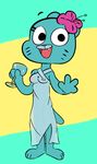  2017 anthro barefoot blue_fur breasts cartoon_network cat clothing cup digital_media_(artwork) dress feline female flower fur gabbah looking_at_viewer mammal nicole_watterson nipples plant see_through_clothing simple_background smile solo standing the_amazing_world_of_gumball translucent water waving 