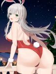  1girl :d absurdres ahoge animal_ears annrichan arm_support armpit_crease ass back bare_shoulders black_thighhighs blush breasts christmas christmas_ornaments christmas_tree commentary_request cowboy_shot fake_animal_ears floating_hair foreshortening from_behind fur_wrist_cuffs green_eyes grey_hair hair_between_eyes hair_over_shoulder haiyore!_nyaruko-san hand_on_own_ass highleg highleg_leotard highres huge_ahoge large_breasts leaning_forward leotard long_hair looking_at_viewer looking_back nail_polish night nyarlathotep_(nyaruko-san) open_mouth outdoors photo_background playboy_bunny rabbit_ears rabbit_tail red_leotard shoulder_blades sideboob sidelocks skindentation sky smile solo star_(sky) starry_sky strapless strapless_leotard tail thigh_gap thighhighs thighs very_long_hair white_nails white_wrist_cuffs wide_hips wrist_cuffs 